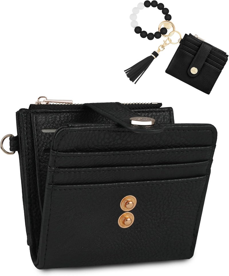 Sunpour Small Wristlet Wallets for Women Keychain Wristlet Wallet RFID Blocking Key Chain Wallet With Zipper Coin Pocket,2 Id Window (Black) - Image 1